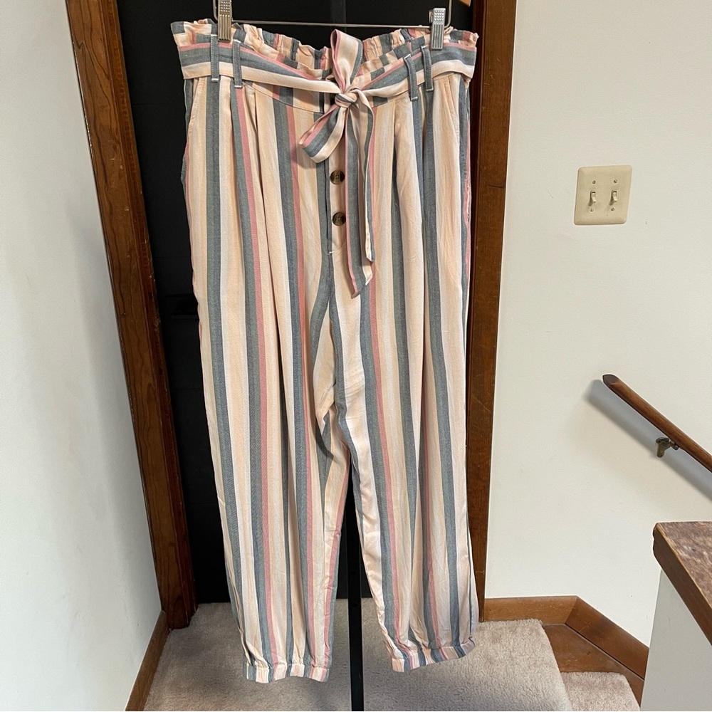 Striped High-Waist Tie-Belt Pants